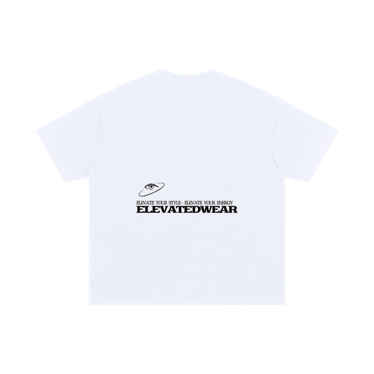 White t-shirt with 'Elevated Wear' logo on a white background
