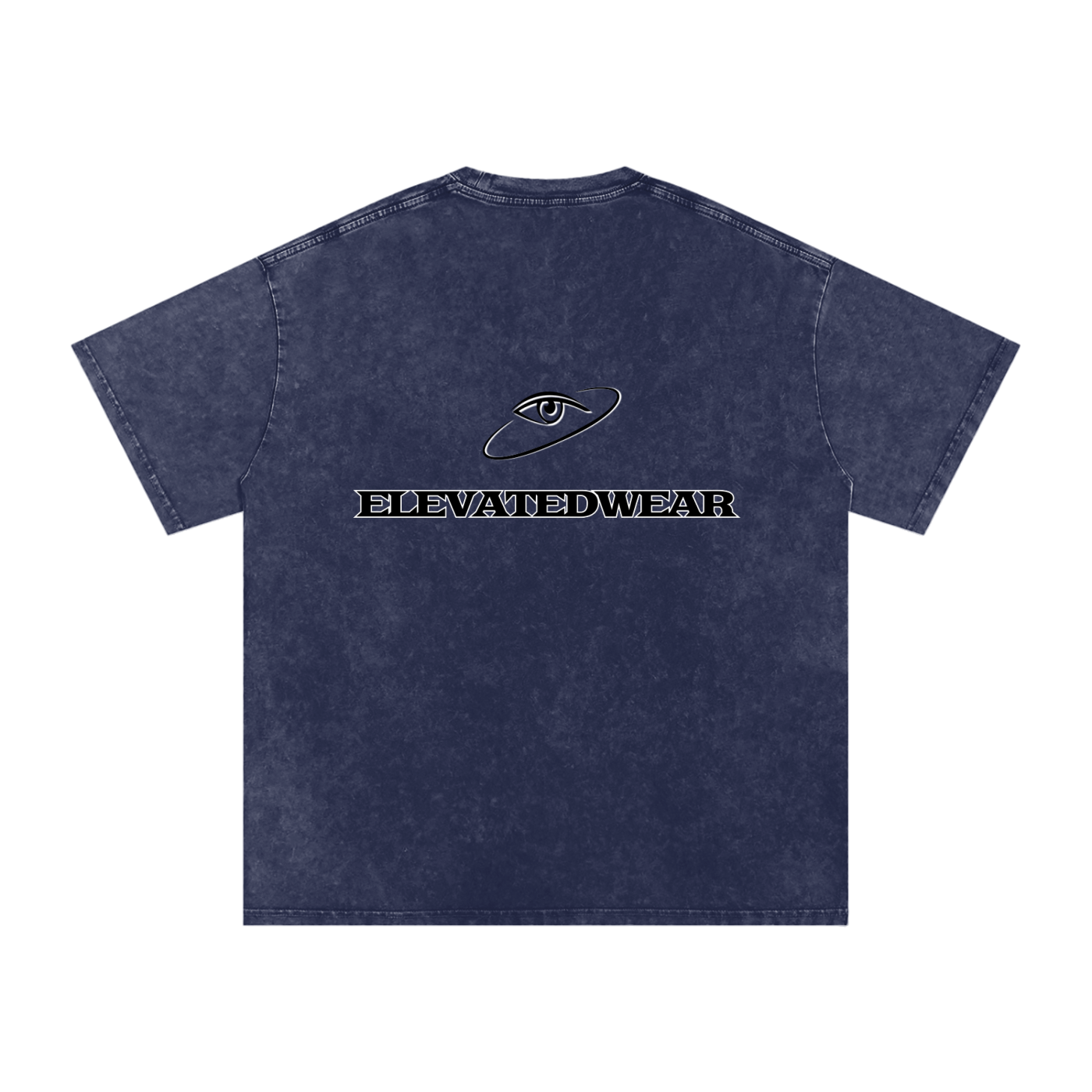 Navy blue t-shirt with 'Elevated Wear' logo on a white background