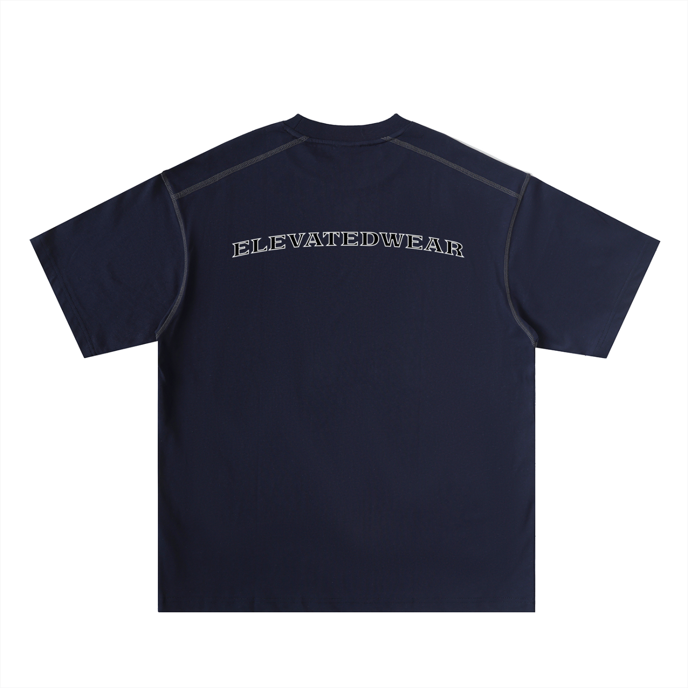 Navy blue t-shirt with 'Elevated Wear' text on the back against a white background