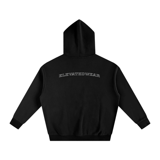Black hoodie with text on the back against a white background