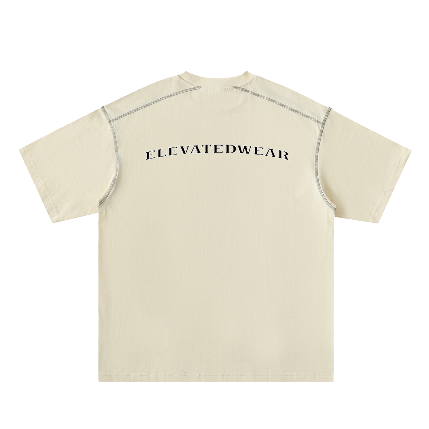 Beige t-shirt with 'ELEVATEDWEAR' branding on a white background
