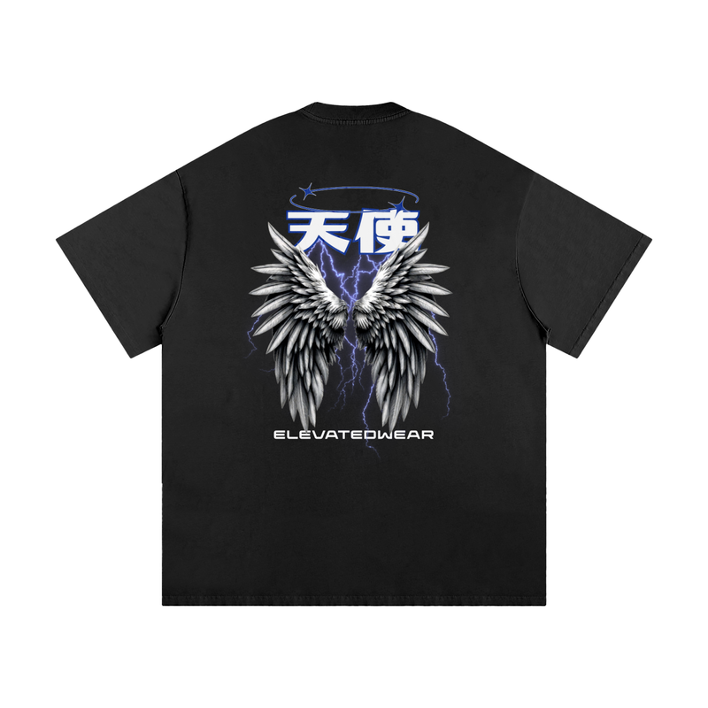 Black t-shirt with angel wings and 'Elevated Wear' branding on a white background
