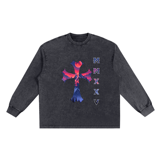 T-shirt oversize à manches longues « MMXXV » délavé à la neige | ELEVATEDWEAR