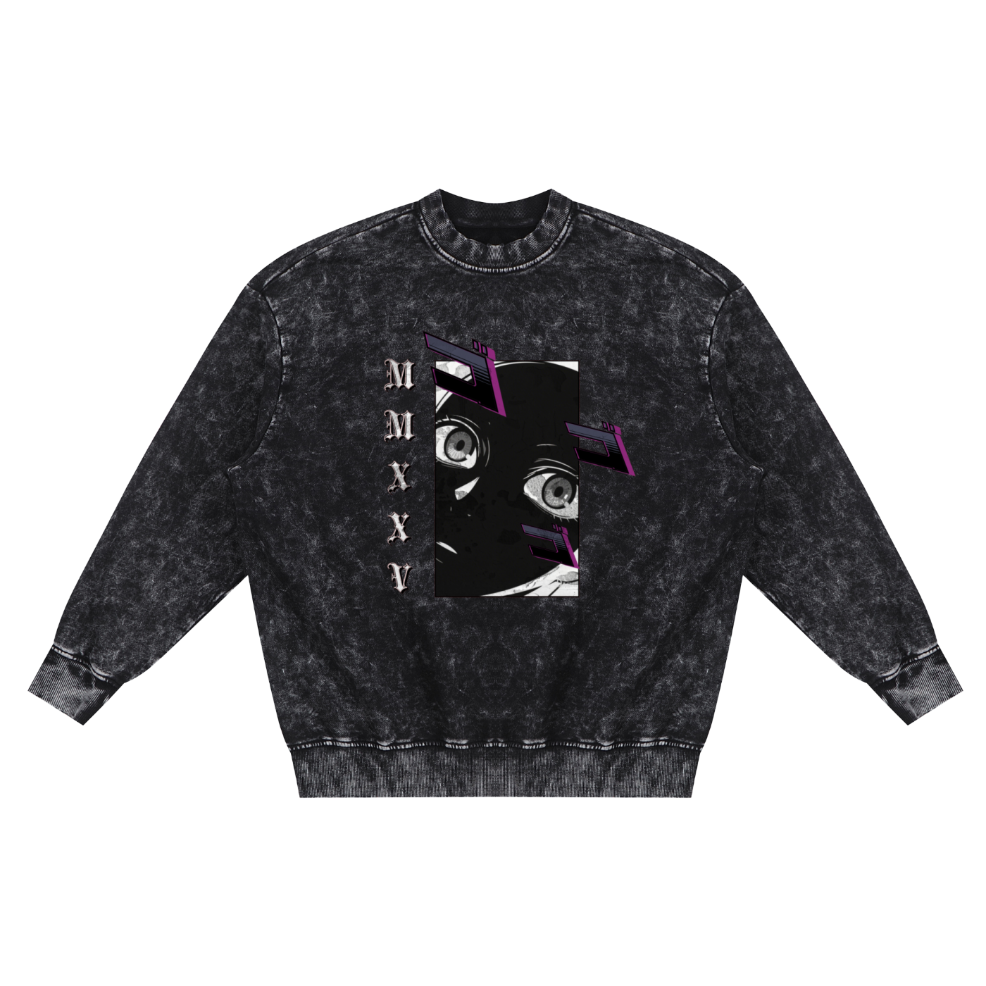 Black acid-wash sweatshirt with graphic design on a white background