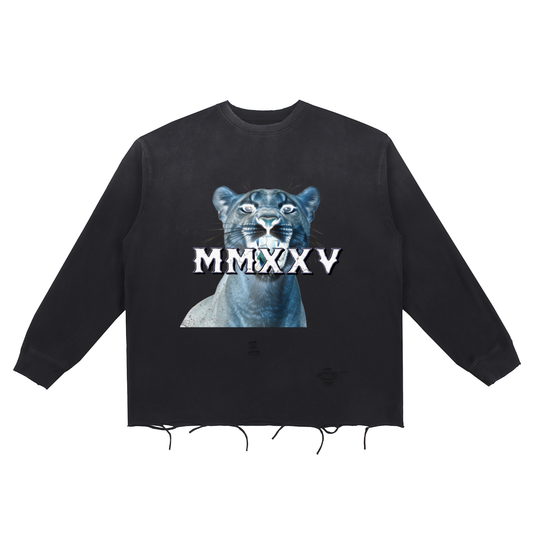 T-shirt en coton à bords bruts « MMXXV » délavé à la neige | ELEVATEDWEAR