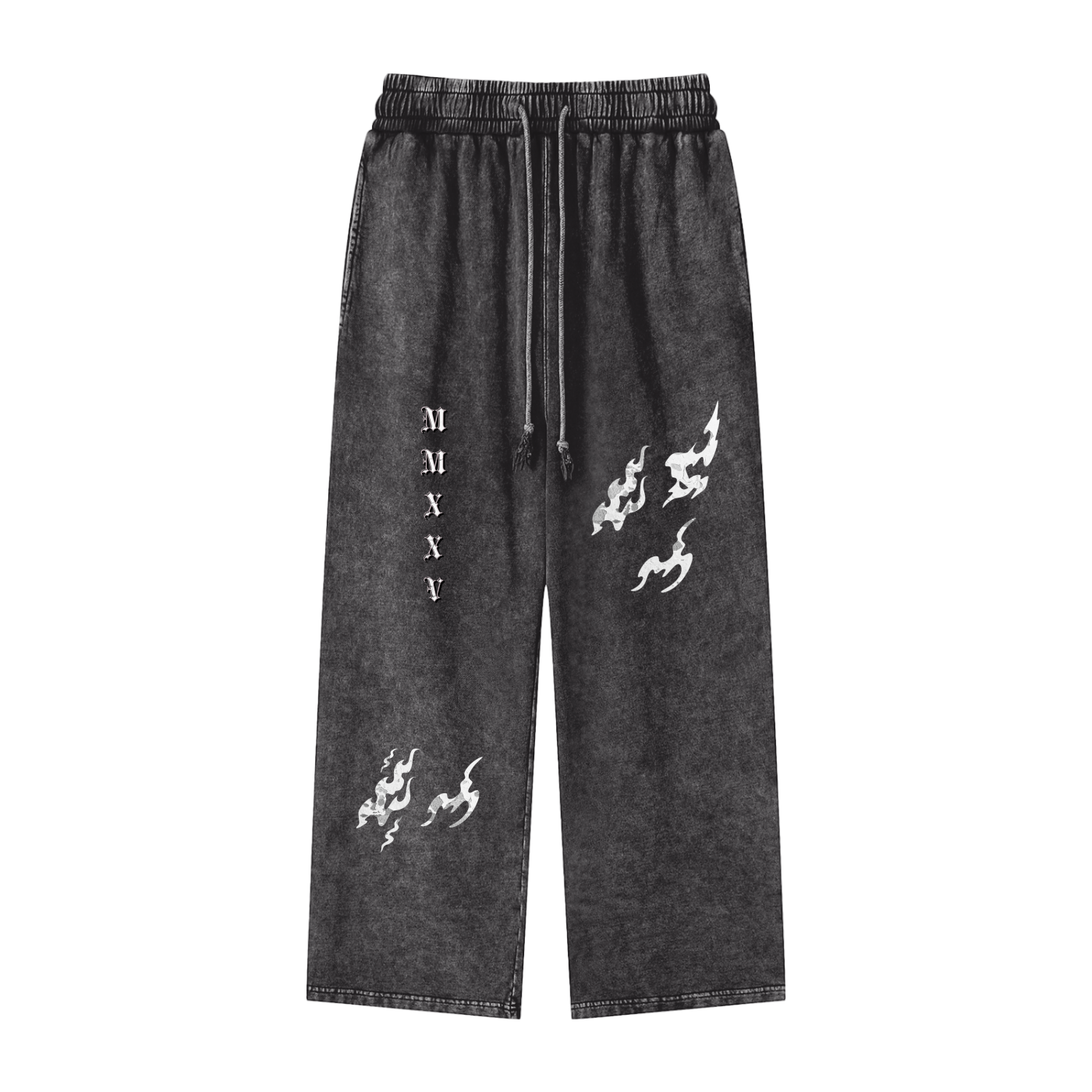 Black pants with white designs and text on a white background