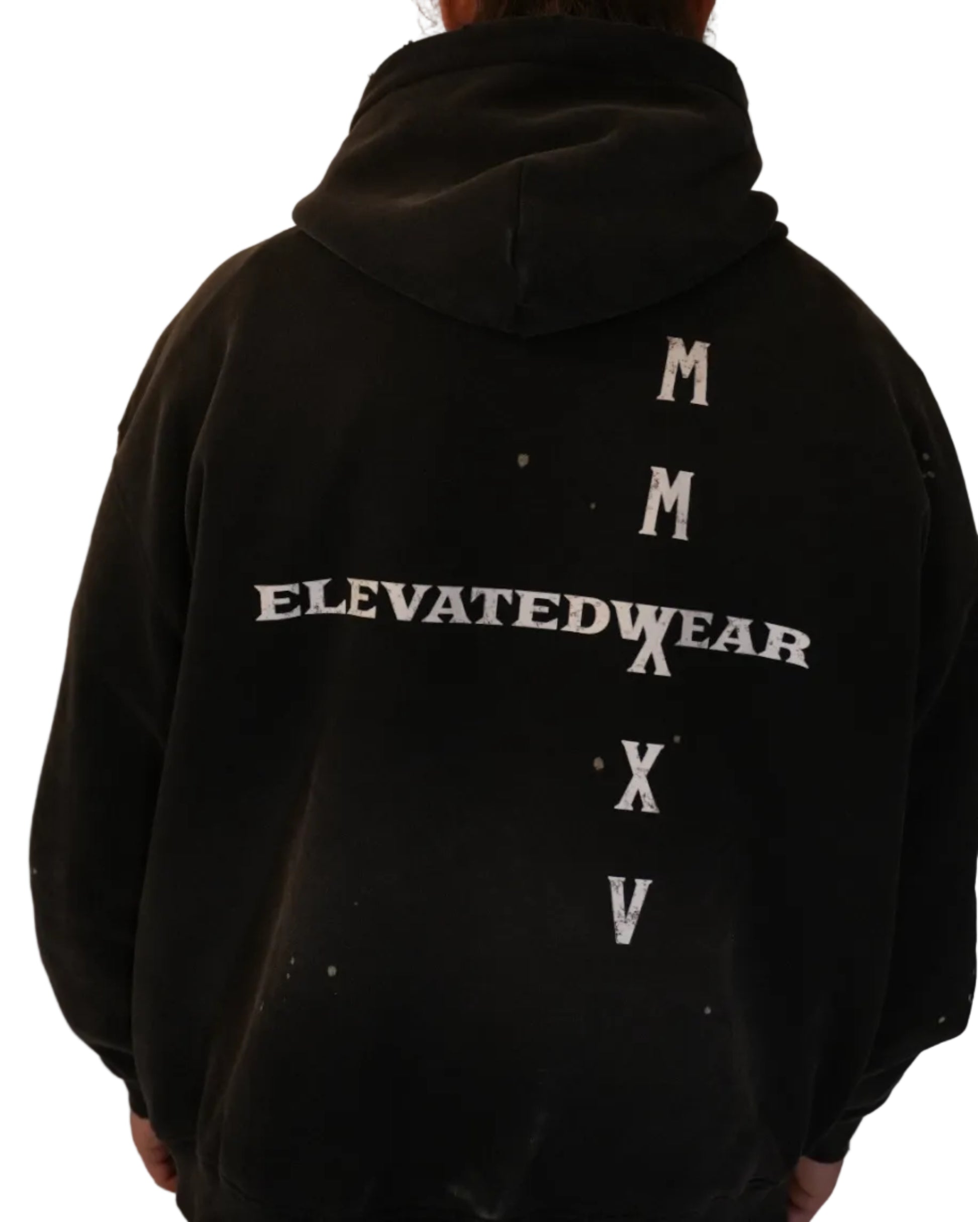 Person wearing a black hoodie with 'Elevatedwear' text on the back, standing against a plain background.