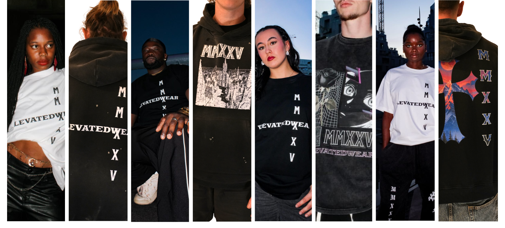 Collage of people wearing 'Elevated Wear' clothing with brand name displayed.
