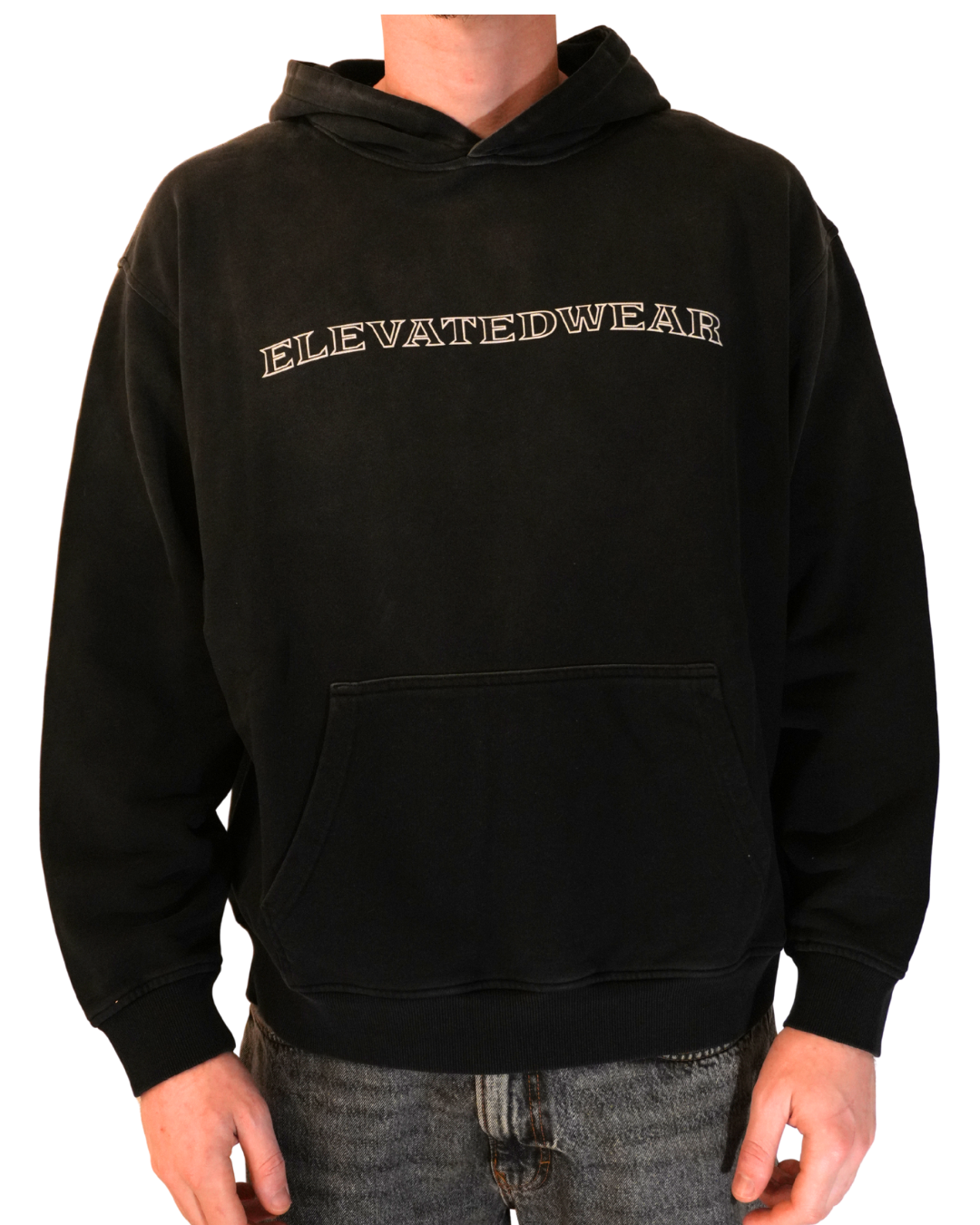 Black hoodie with 'Elevated Wear' text on a white background