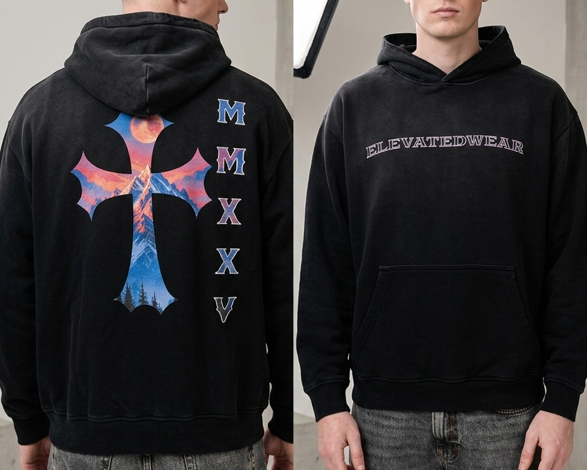 Person wearing a black hoodie with a colorful design on the back and text on the front, standing in a neutral setting.
