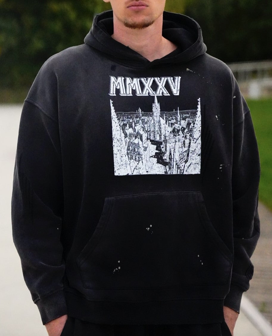 "MMXXV" Premium Vintage Wash Frayed Fleece Hoodie | ELEVATEDWEAR