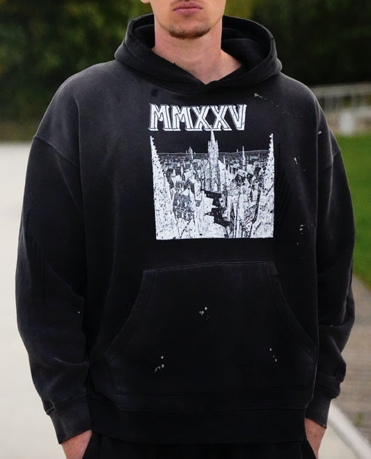 "MMXXV" Premium Vintage Wash Frayed Fleece Hoodie | ELEVATEDWEAR