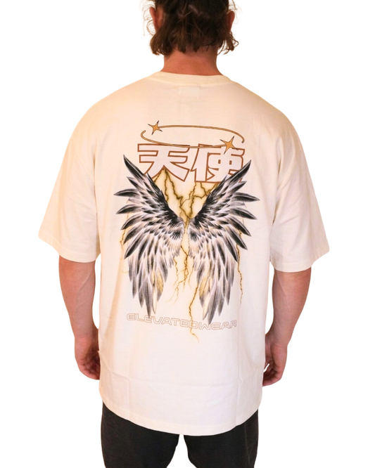 Person wearing a white t-shirt with a graphic design on the back, featuring wings and thunder.