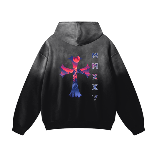 Sweat à capuche oversize épais premium « MMXXV » effet dégradé de soleil | ELEVATEDWEAR