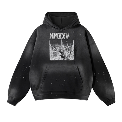 Sweat à capuche en polaire effilochée « MMXXV » de qualité supérieure, effet vintage | ELEVATEDWEAR