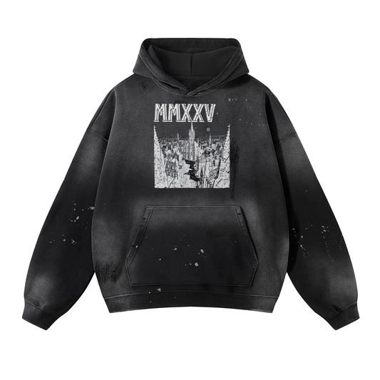 Sweat à capuche en polaire effilochée « MMXXV » de qualité supérieure, effet vintage | ELEVATEDWEAR